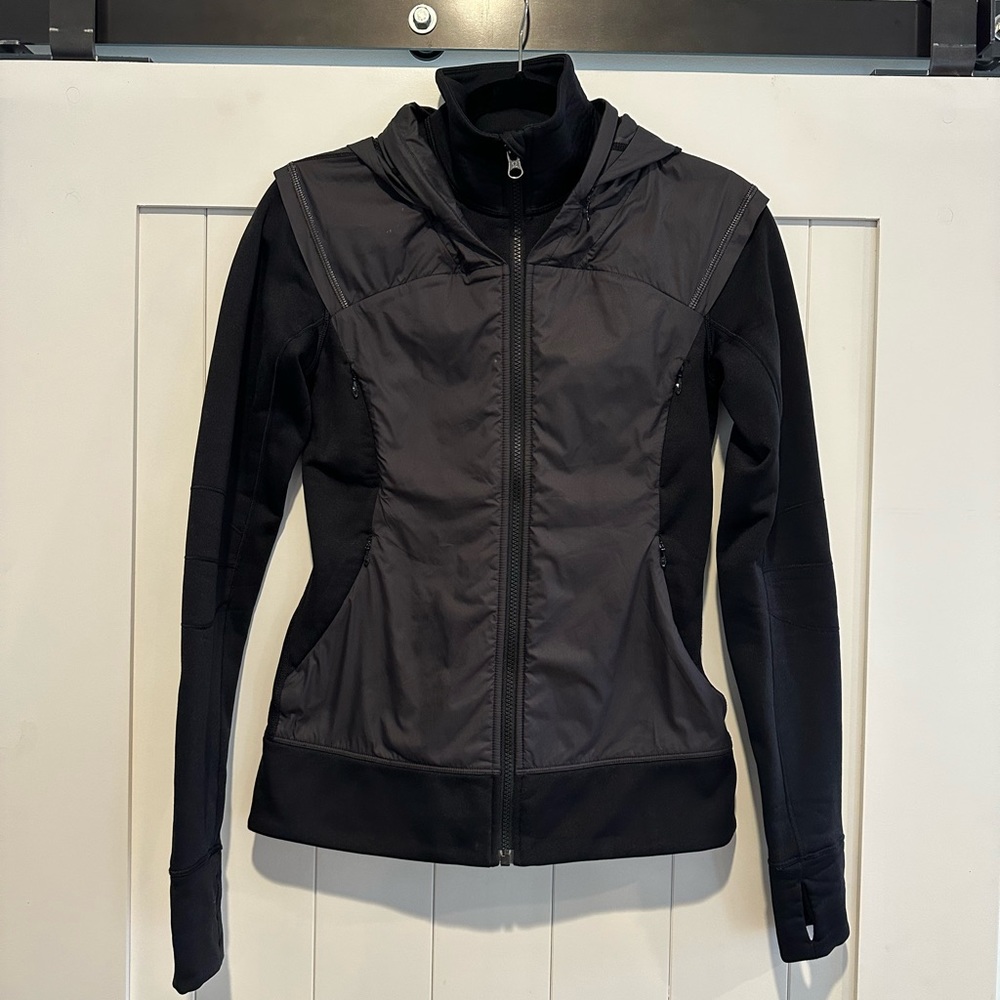 Lululemon Black Jacket Size 4 with Storable/Zip Hood
